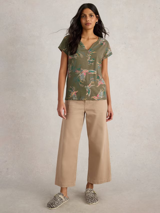 White Stuff Nelly Birds T-Shirt, Green/Multi