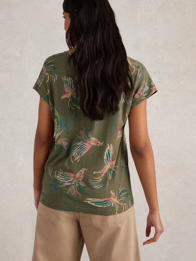 White Stuff Nelly Birds T-Shirt, Green/Multi