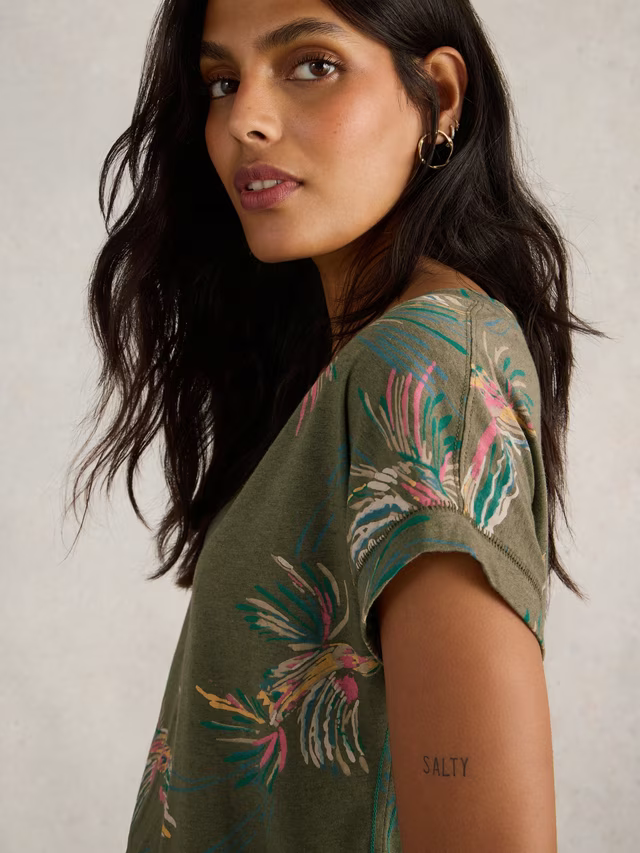 White Stuff Nelly Birds T-Shirt, Green/Multi