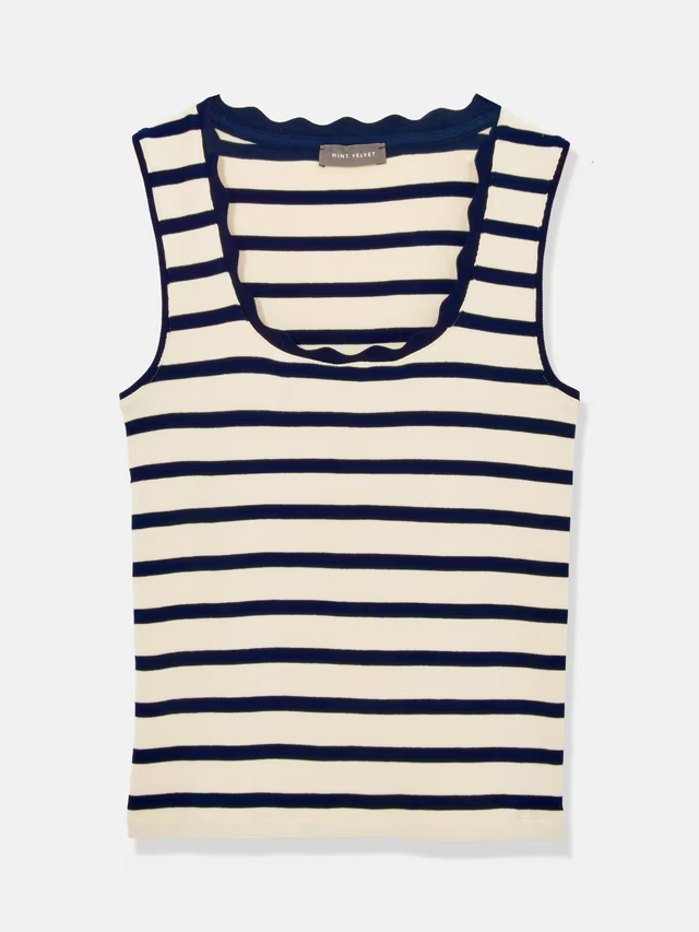 Mint Velvet Stripe Scallop Trim Vest Top, Blue Navy
