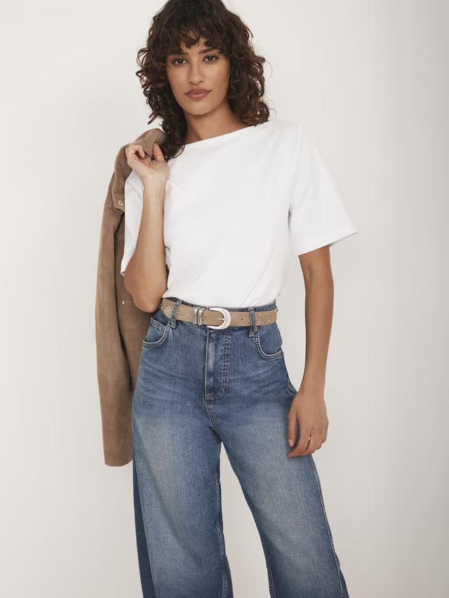 Mint Velvet Cotton Slash Neck T-Shirt, White Ivory