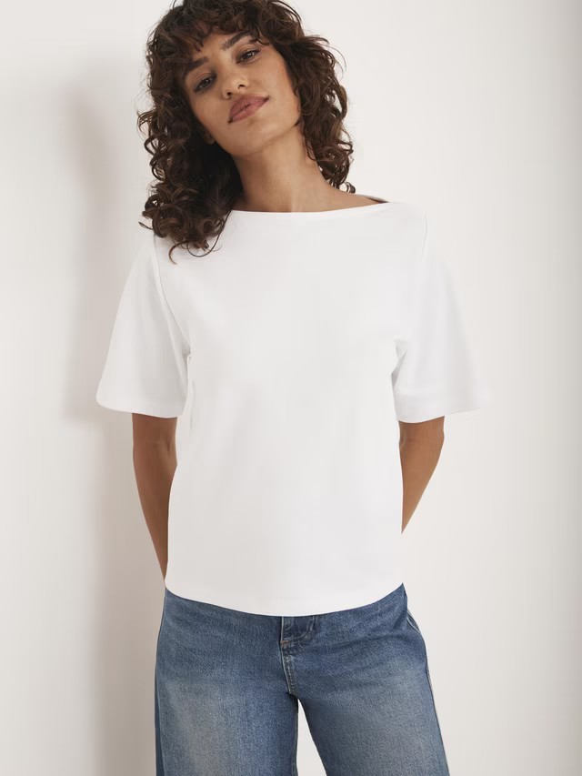 Mint Velvet Cotton Slash Neck T-Shirt, White Ivory