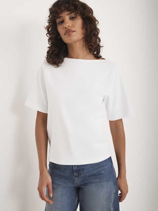 Mint Velvet Cotton Slash Neck T-Shirt, White Ivory