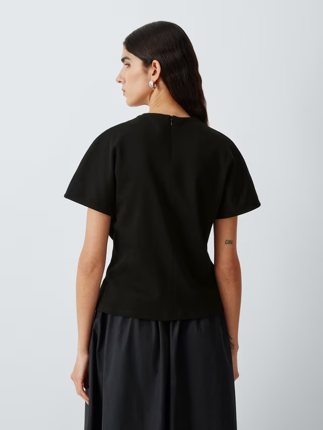John Lewis Drape Neck Short Sleeve Cotton Top, Black
