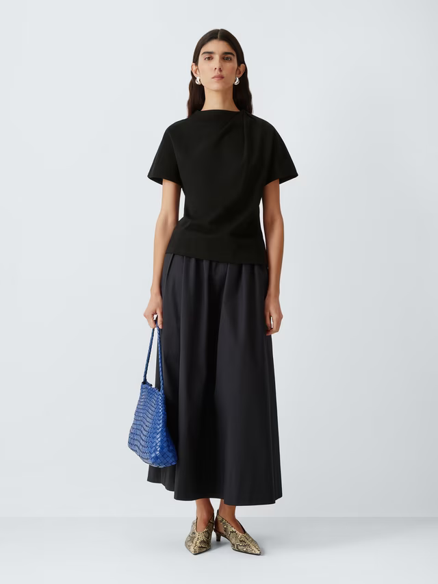 John Lewis Drape Neck Short Sleeve Cotton Top, Black