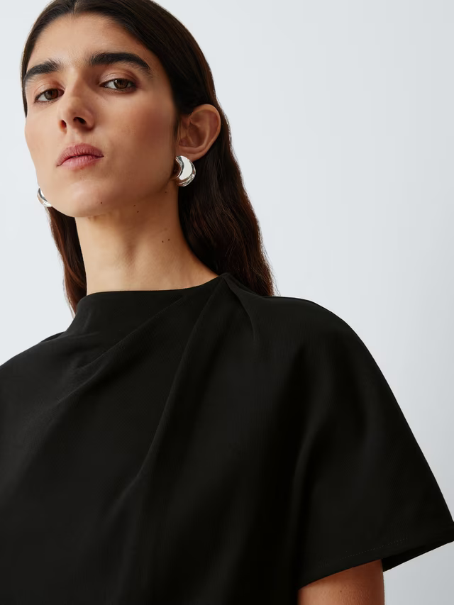 John Lewis Drape Neck Short Sleeve Cotton Top, Black