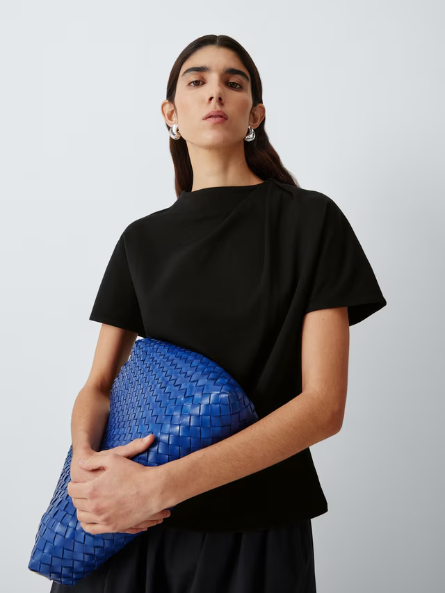 John Lewis Drape Neck Short Sleeve Cotton Top, Black