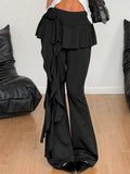 Women's Black Ruffled Flare Pants with Rose Detail