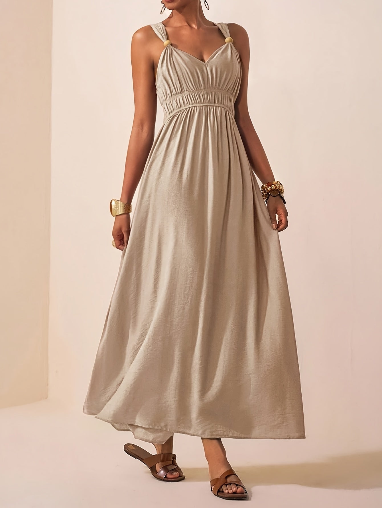 Women's Beige Sleeveless Halter Maxi Dress with Bead Detail