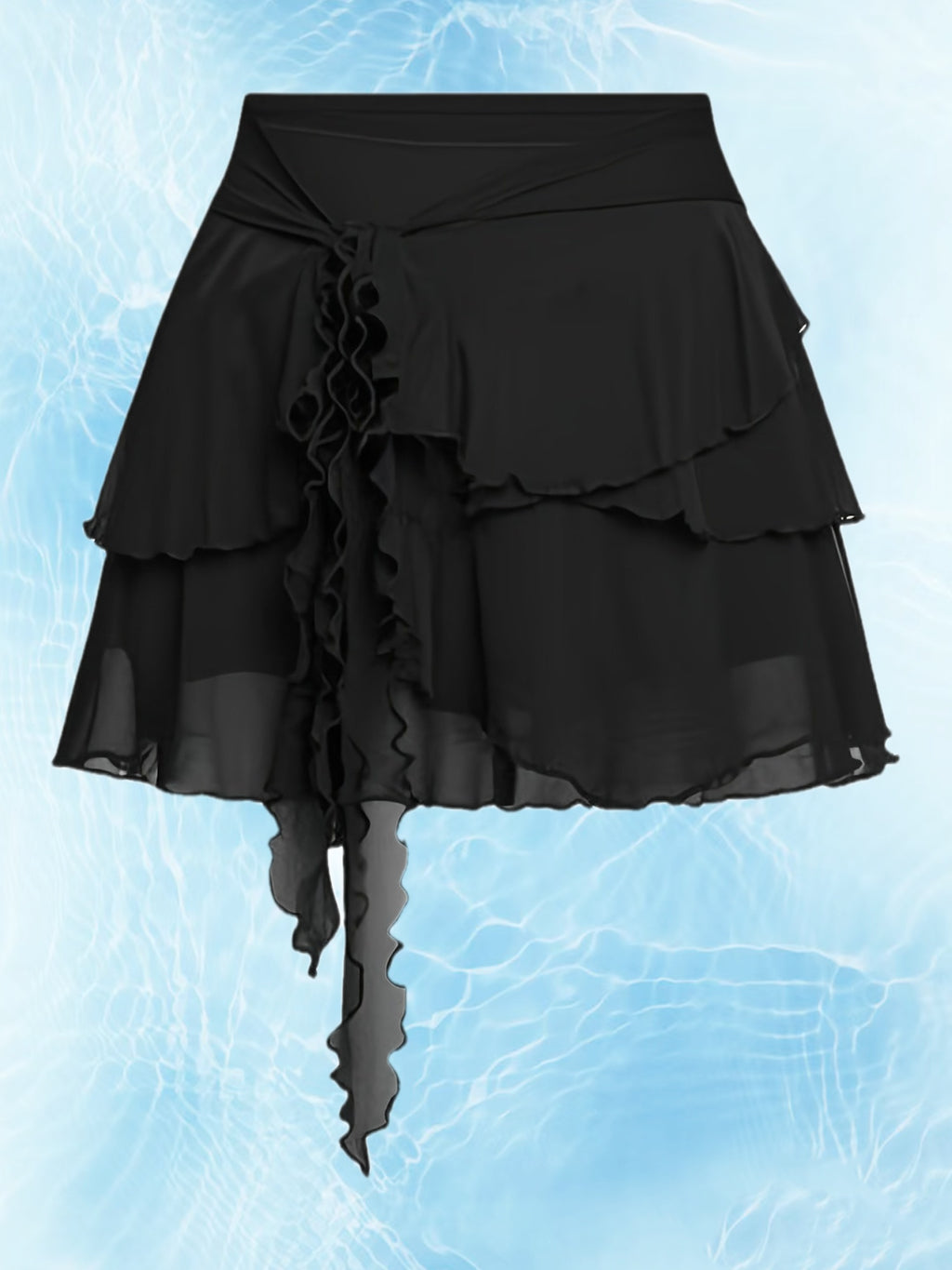 Women's Black Chiffon Ruffle Asymmetric Mini Skirt with Tie Detail