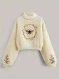 Women's Cream Turtleneck Cropped Sweater with Bee & Floral Embroidery
