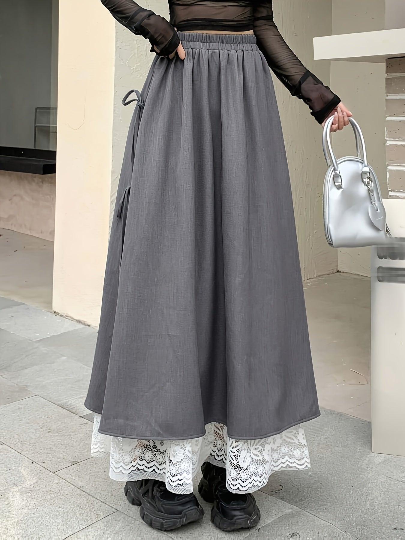 Women's Grey Two-Layer Maxi Skirt with Lace Trim & Side Ties