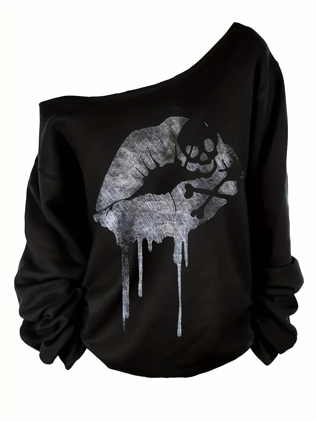 Women's Black Asymmetric Off-Shoulder Sweatshirt with Lip Print