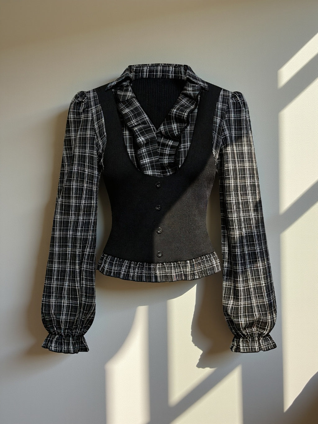 Women's Plaid & Knit Patchwork Fitted Blouse with Ruffle Trim