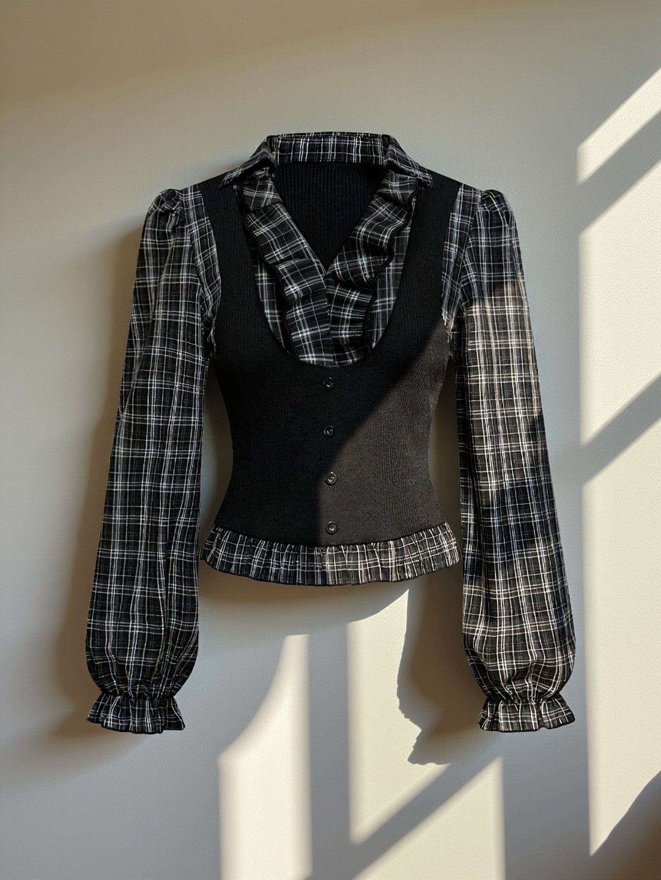 Women's Plaid & Knit Patchwork Fitted Blouse with Ruffle Trim