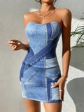 Women's Strapless Denim Patchwork Bodycon Mini Dress