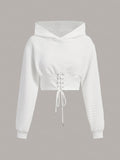 Women's White Quilted Cropped Hoodie with Lace-Up Waist