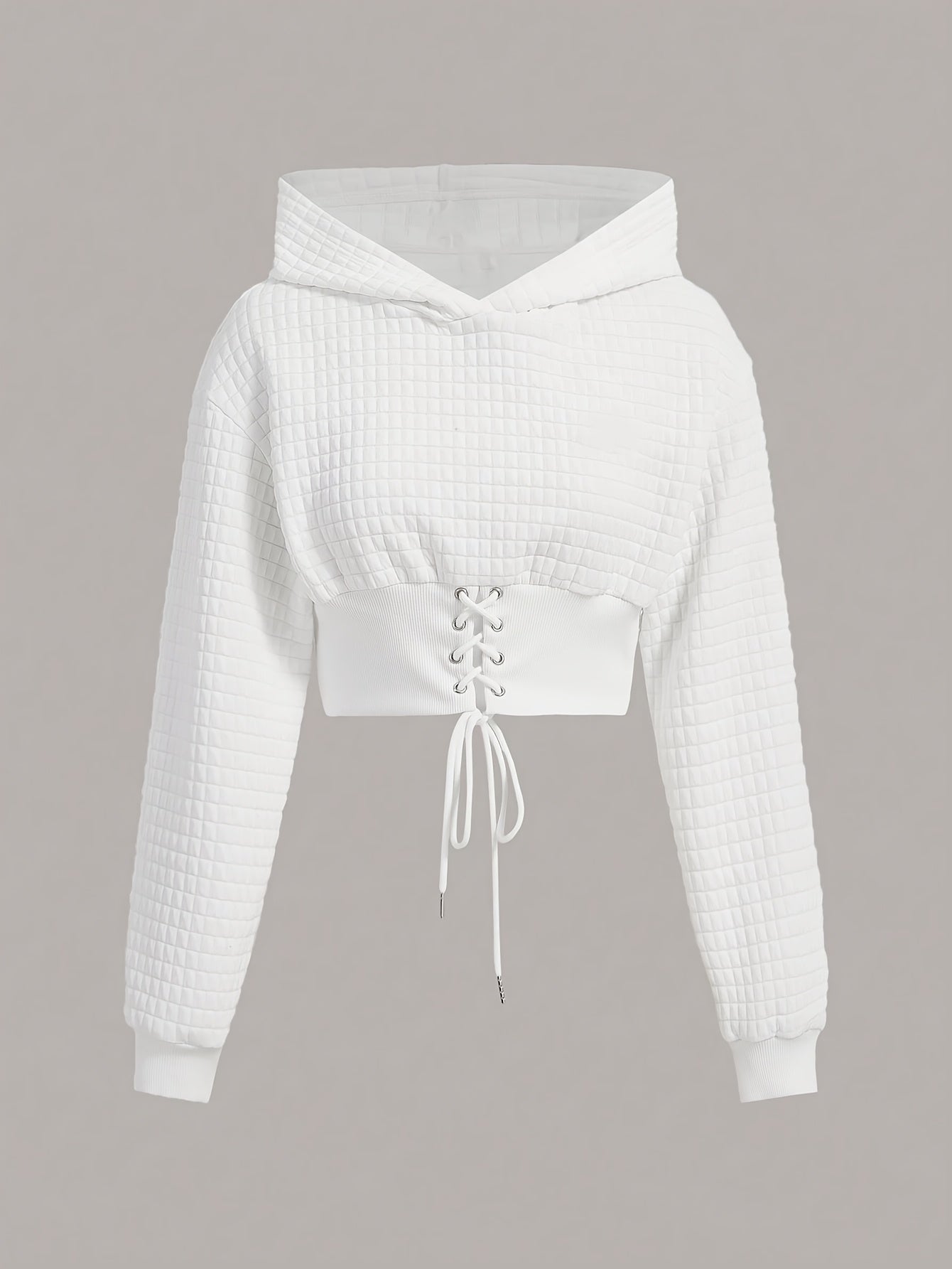 Women's White Quilted Cropped Hoodie with Lace-Up Waist