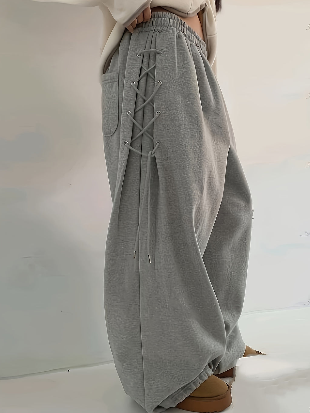 Women's Grey Lace-Up Side Oversized Sweatpants