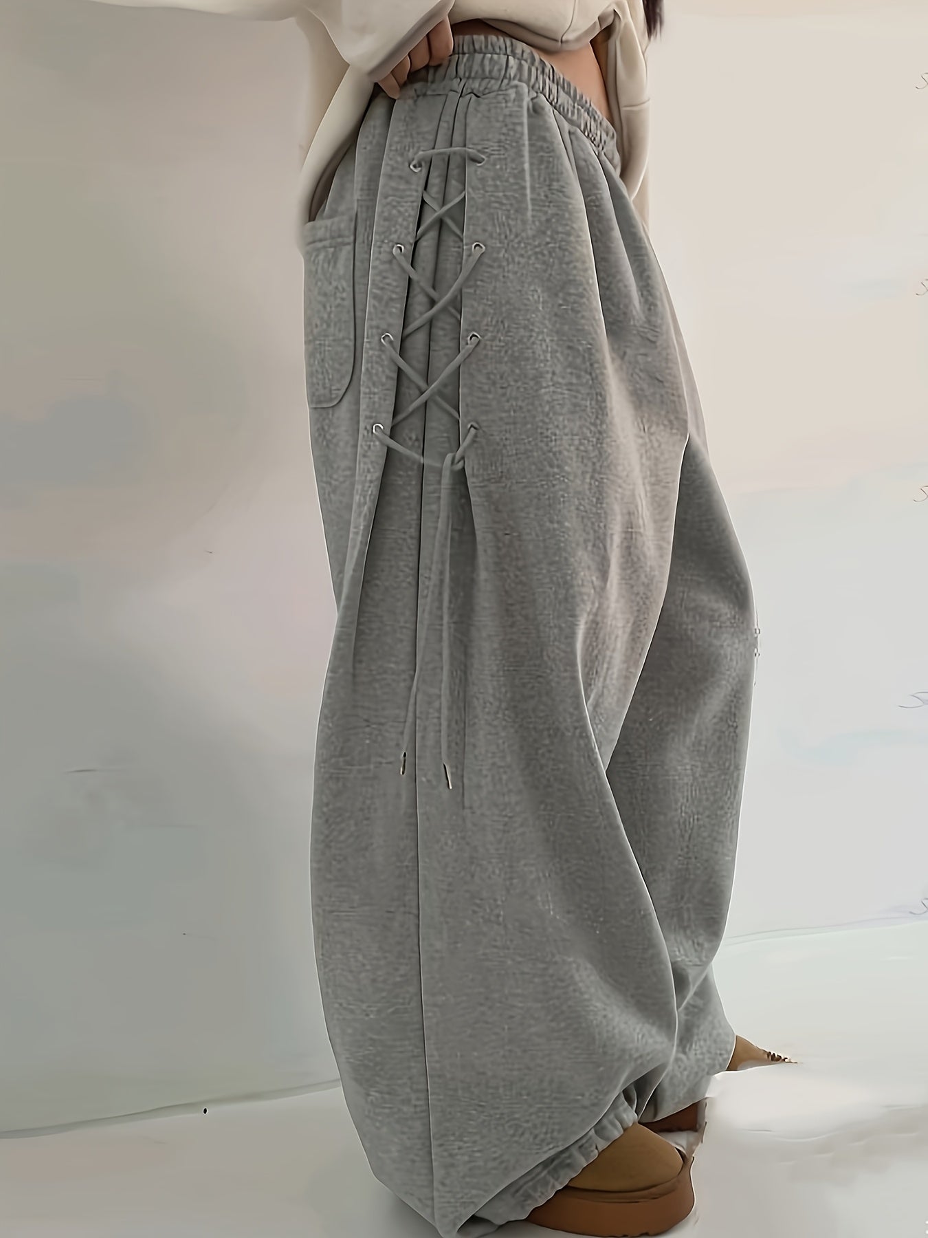 Women's Grey Lace-Up Side Oversized Sweatpants