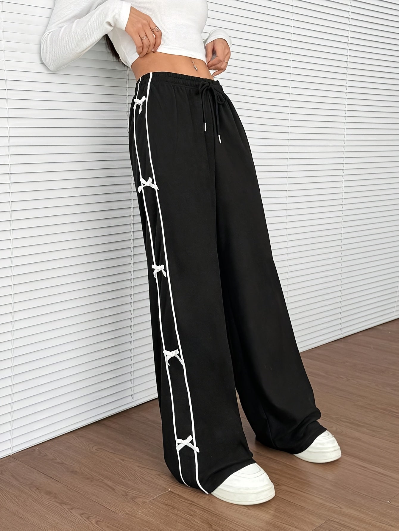 Women's Black Wide-Leg Pants with White Bow & Stripe Detail