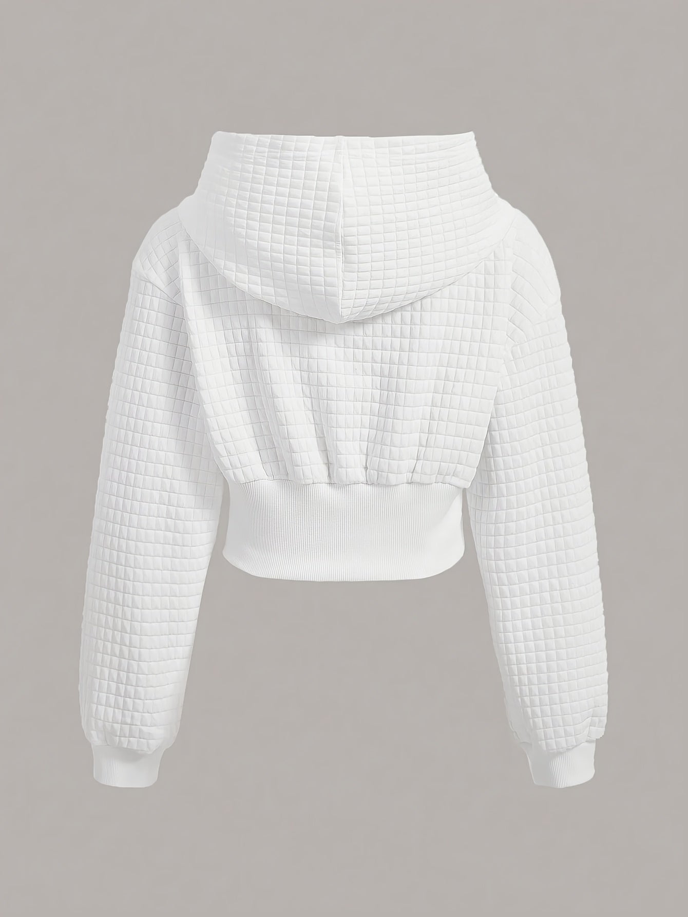 Women's White Quilted Cropped Hoodie with Lace-Up Waist