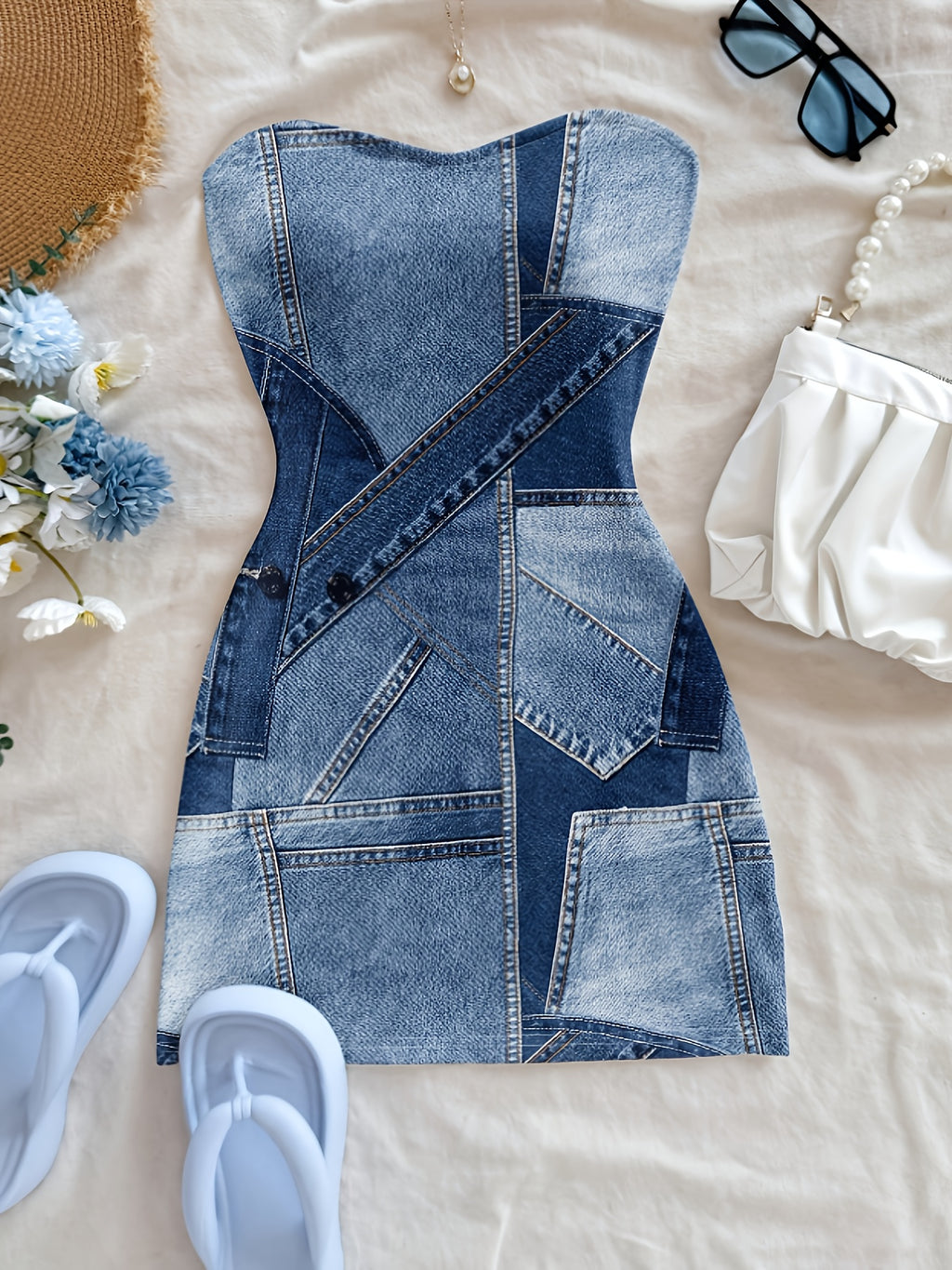 Women's Strapless Denim Patchwork Bodycon Mini Dress