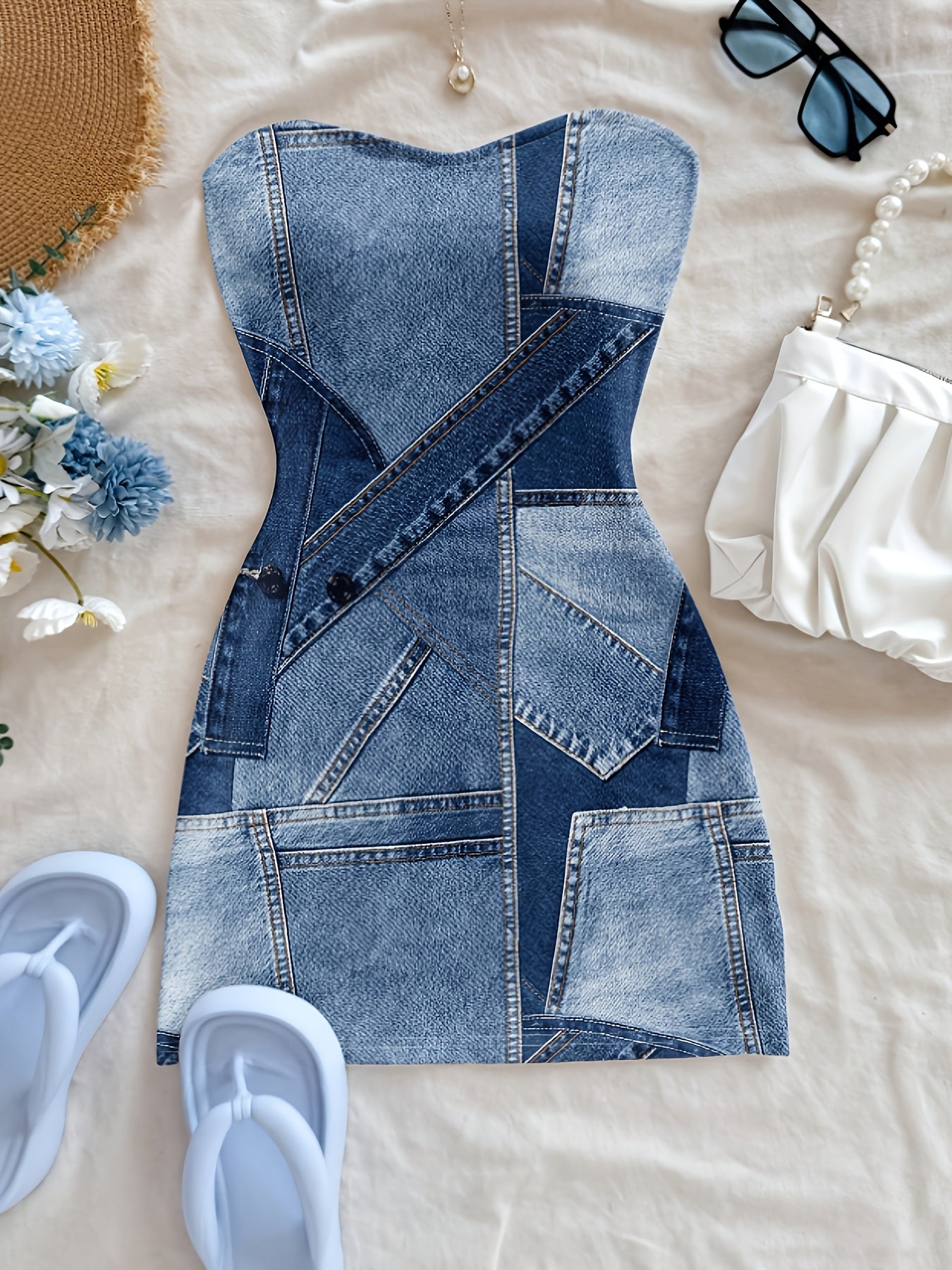 Women's Strapless Denim Patchwork Bodycon Mini Dress