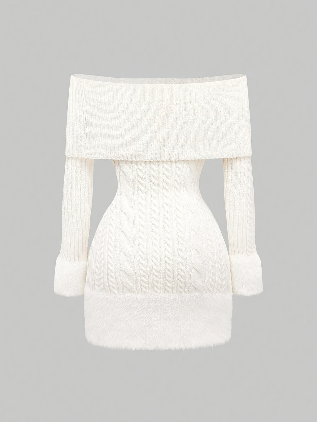 Women's White Off-Shoulder Cable Knit Mini Dress with Faux Fur Trim