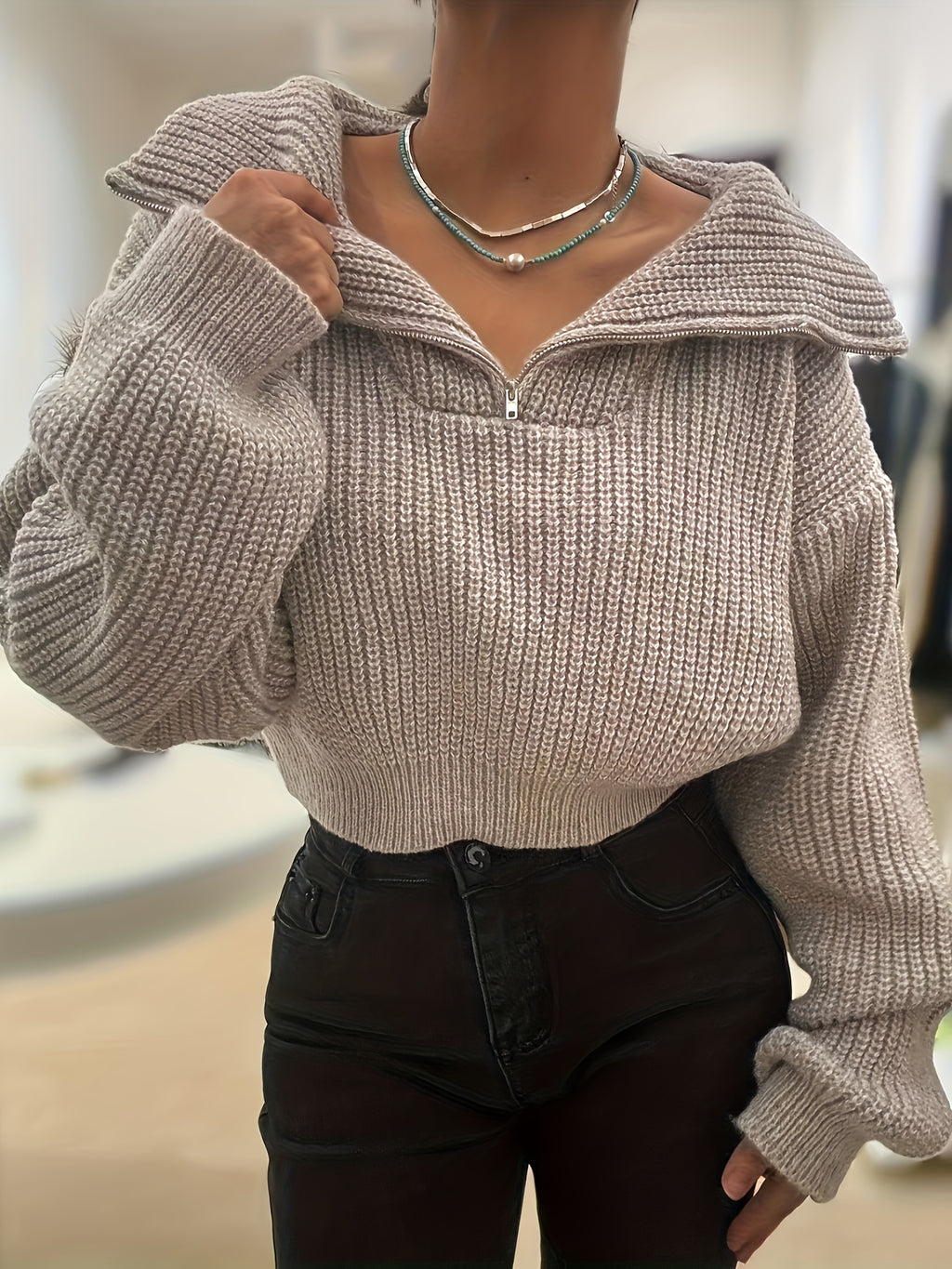 Women's Beige Half-Zip Cropped Knit Sweater