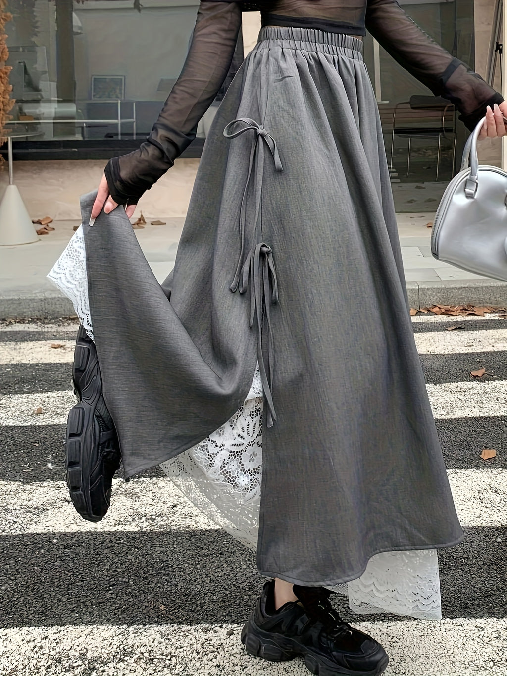 Women's Grey Two-Layer Maxi Skirt with Lace Trim & Side Ties