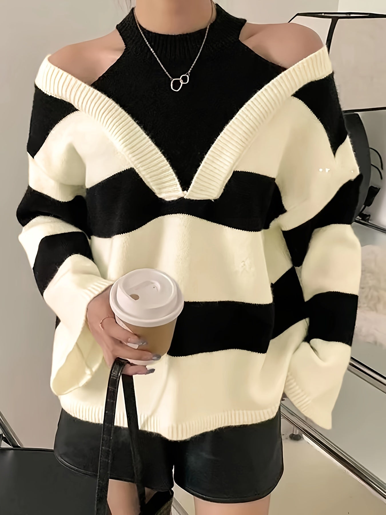 Women's Black & White Striped Cold Shoulder Oversized Knit Sweater