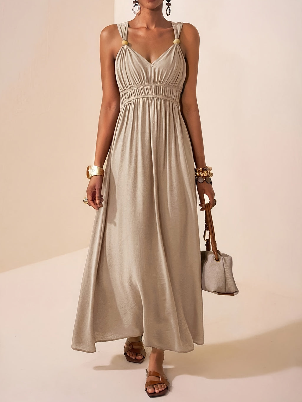 Women's Beige Sleeveless Halter Maxi Dress with Bead Detail