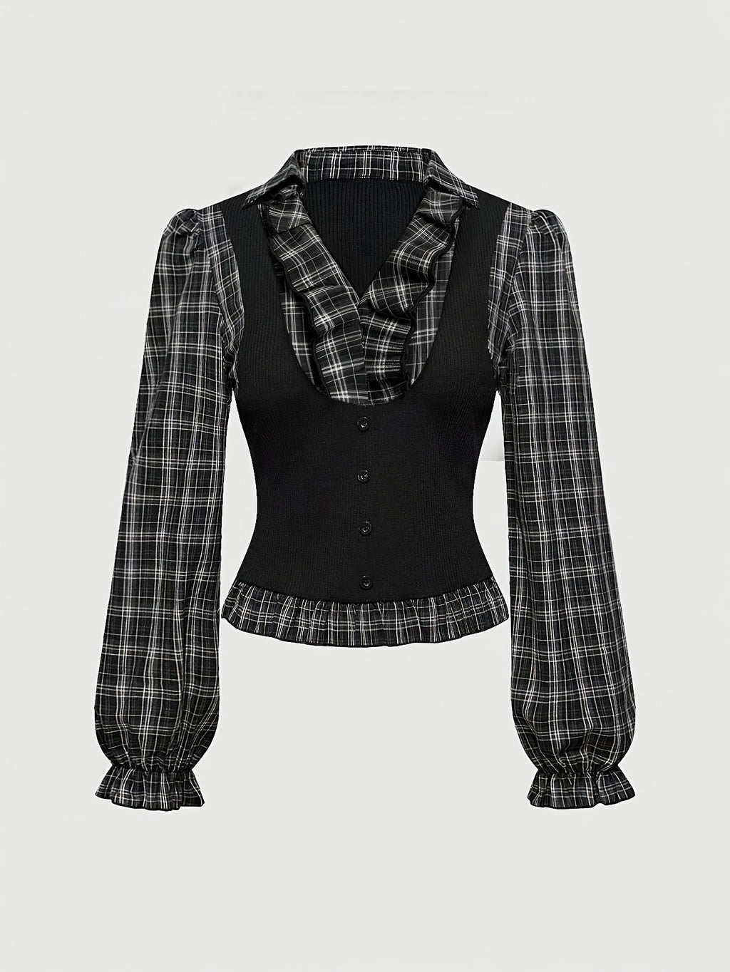 Women's Plaid & Knit Patchwork Fitted Blouse with Ruffle Trim