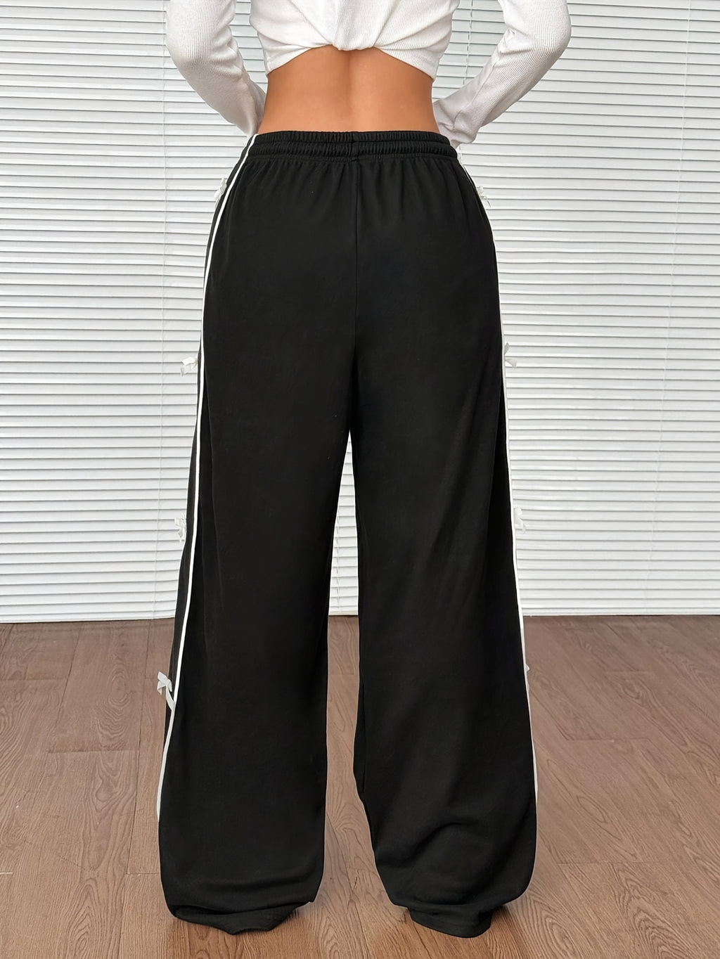 Women's Black Wide-Leg Pants with White Bow & Stripe Detail