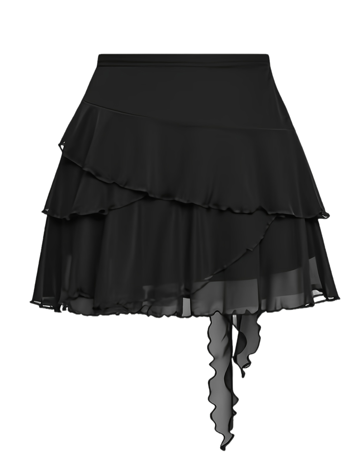 Women's Black Chiffon Ruffle Asymmetric Mini Skirt with Tie Detail