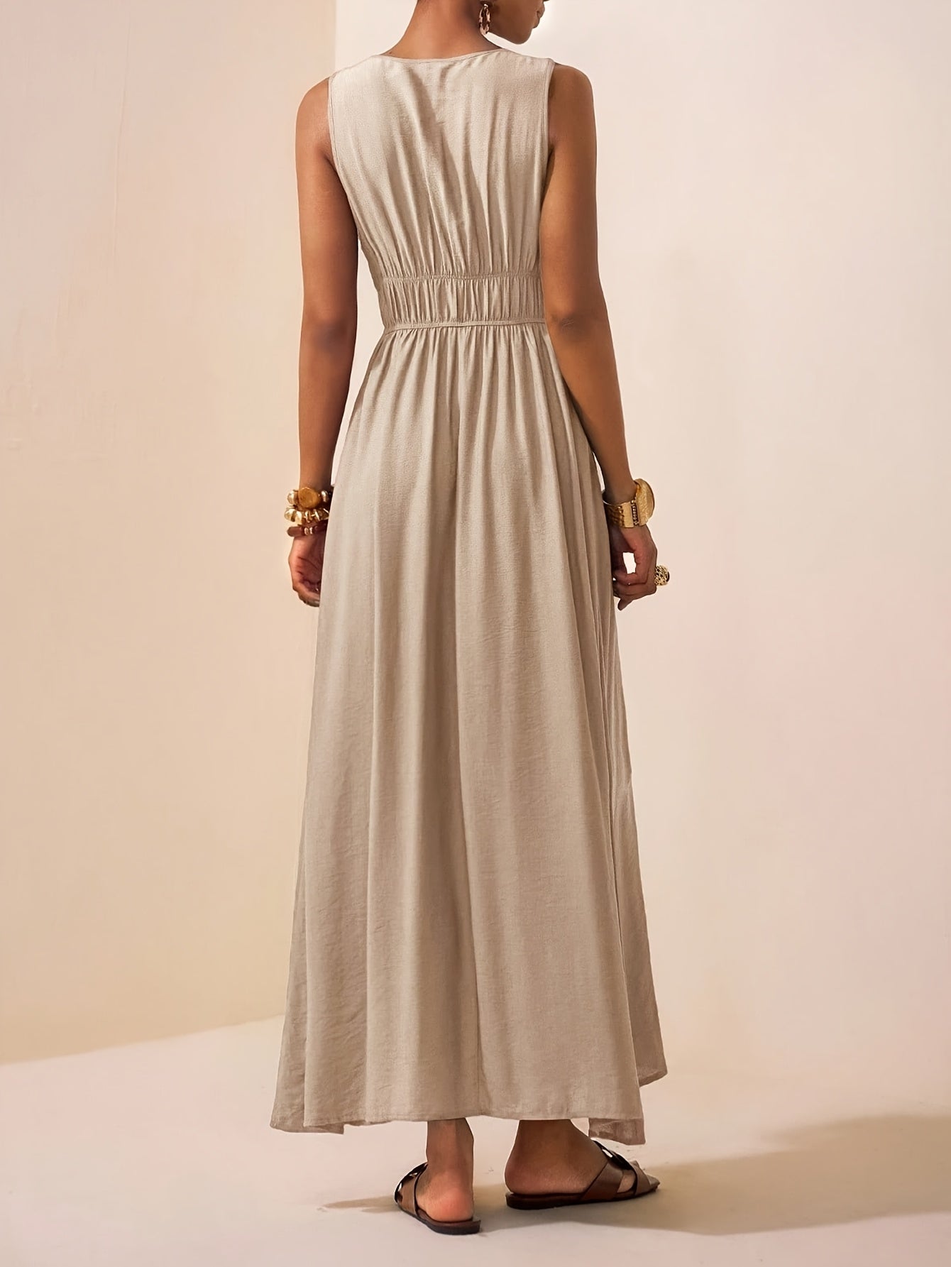 Women's Beige Sleeveless Halter Maxi Dress with Bead Detail