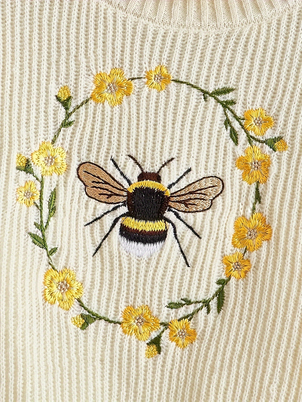 Women's Cream Turtleneck Cropped Sweater with Bee & Floral Embroidery
