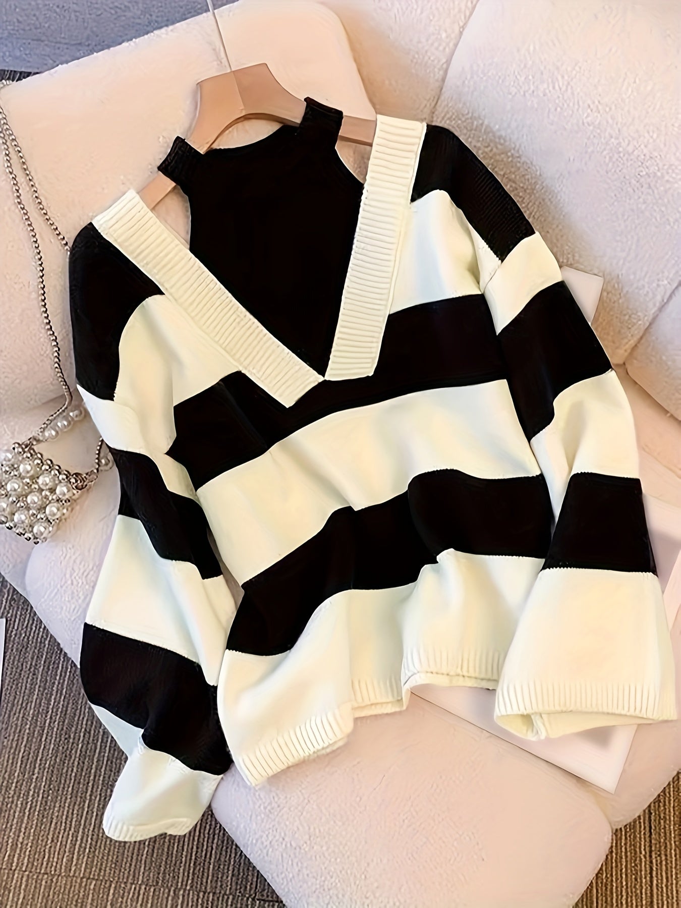 Women's Black & White Striped Cold Shoulder Oversized Knit Sweater