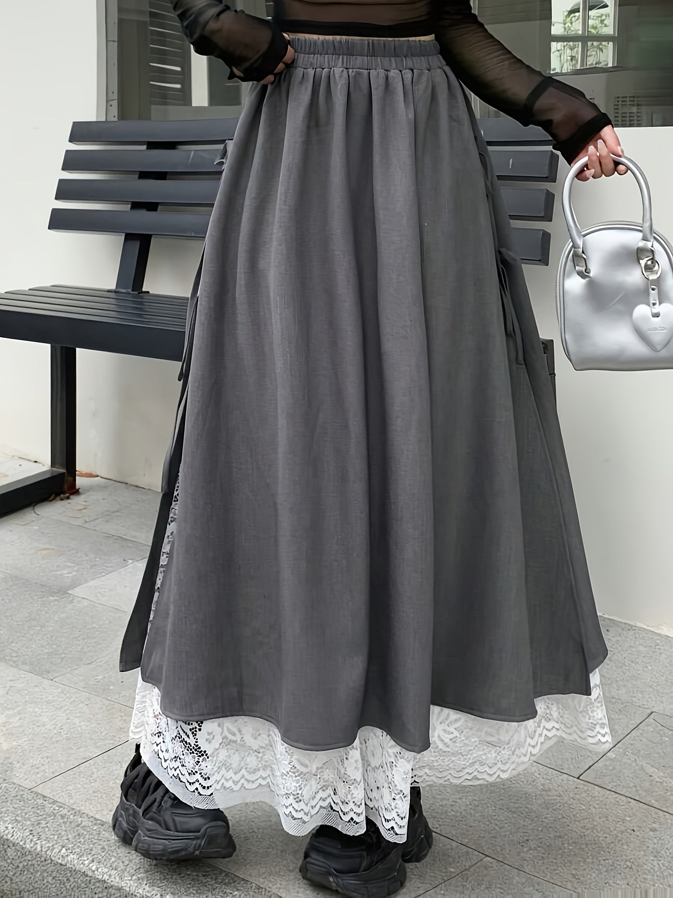 Women's Grey Two-Layer Maxi Skirt with Lace Trim & Side Ties