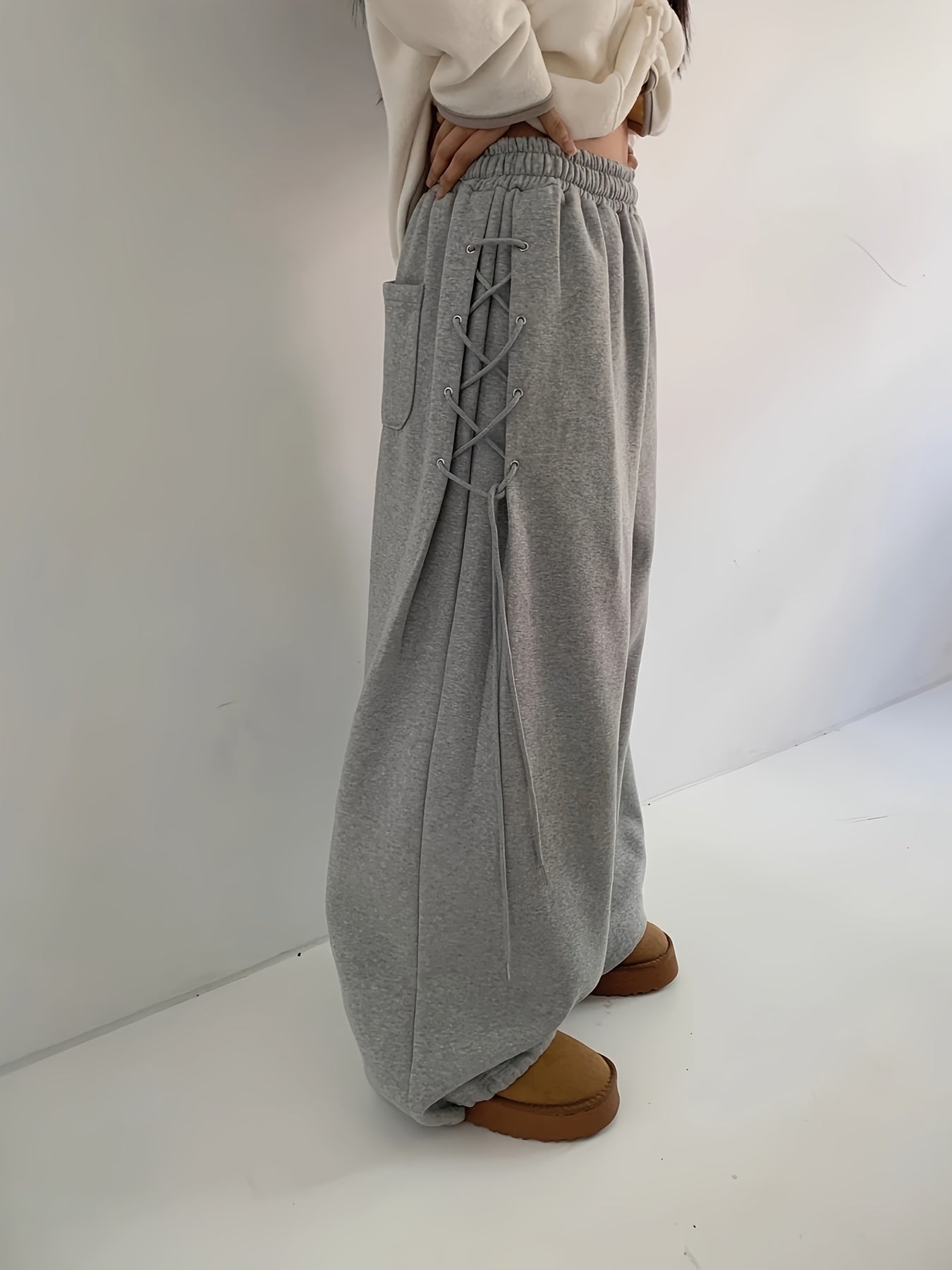 Women's Grey Lace-Up Side Oversized Sweatpants
