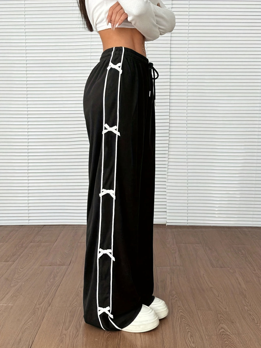 Women's Black Wide-Leg Pants with White Bow & Stripe Detail