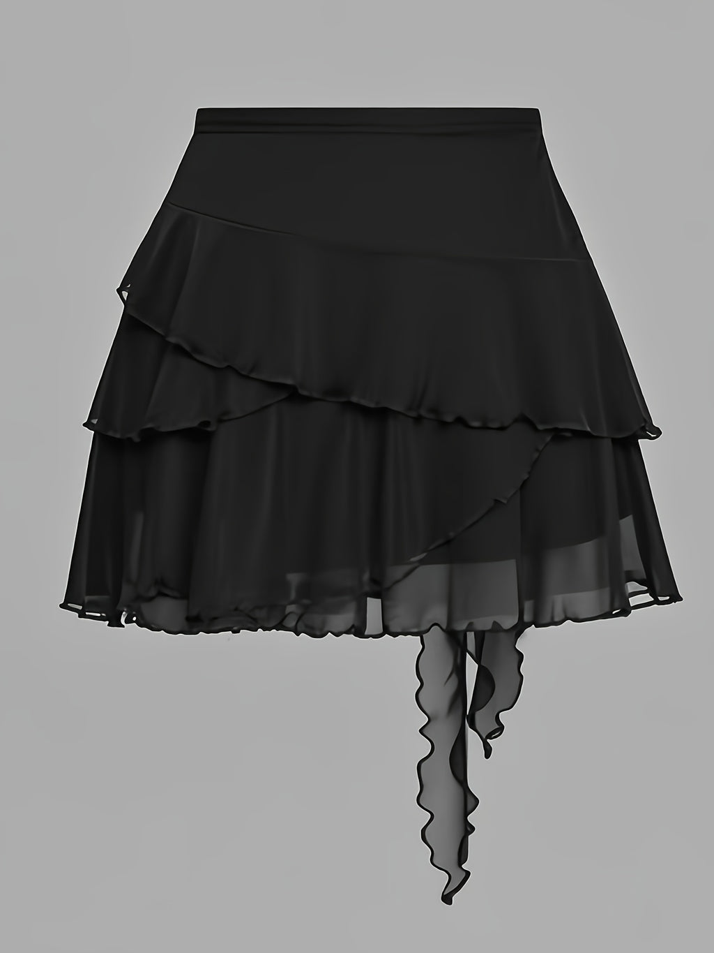 Women's Black Chiffon Ruffle Asymmetric Mini Skirt with Tie Detail