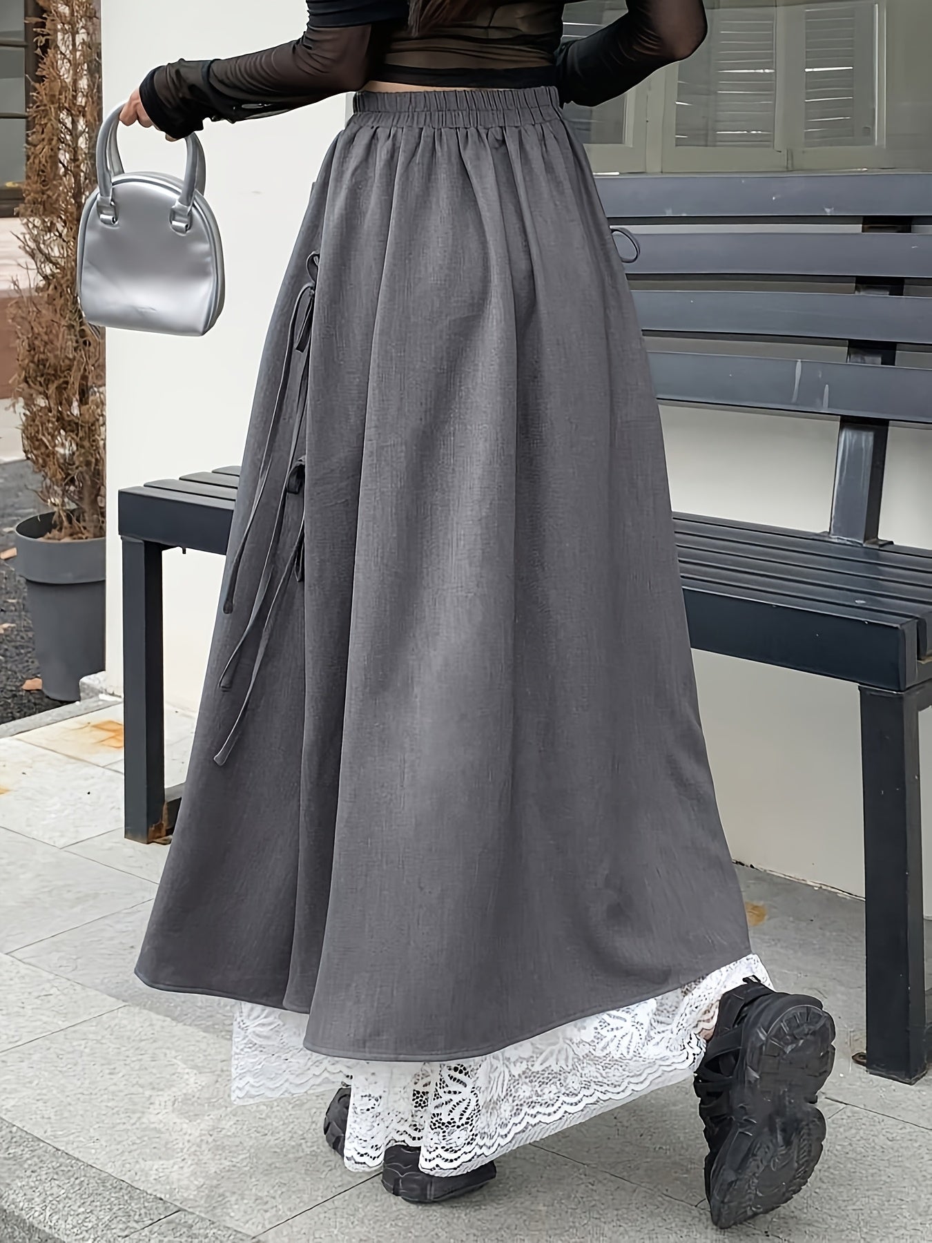 Women's Grey Two-Layer Maxi Skirt with Lace Trim & Side Ties