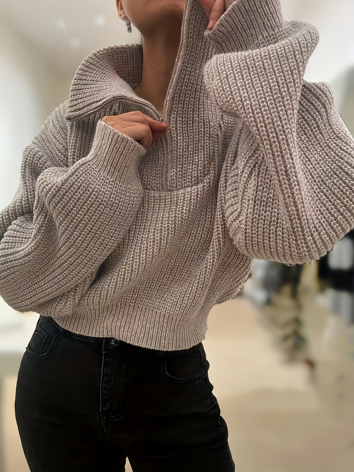 Women's Beige Half-Zip Cropped Knit Sweater