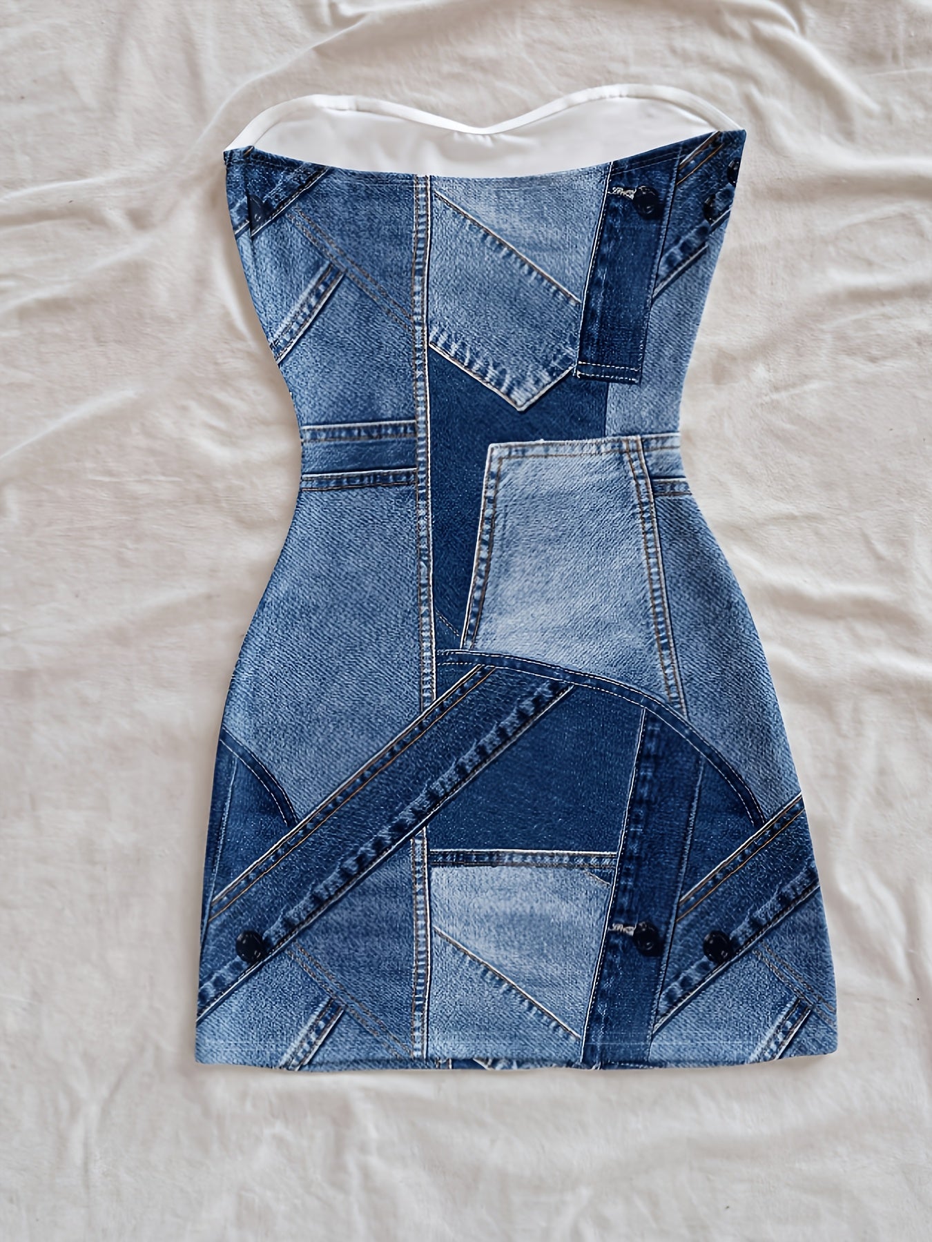 Women's Strapless Denim Patchwork Bodycon Mini Dress