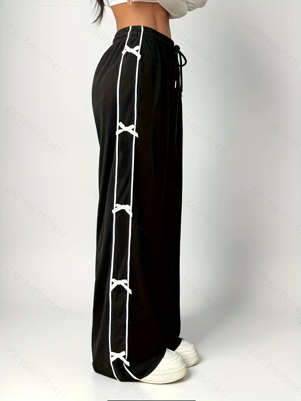 Women's Black Wide-Leg Pants with White Bow & Stripe Detail