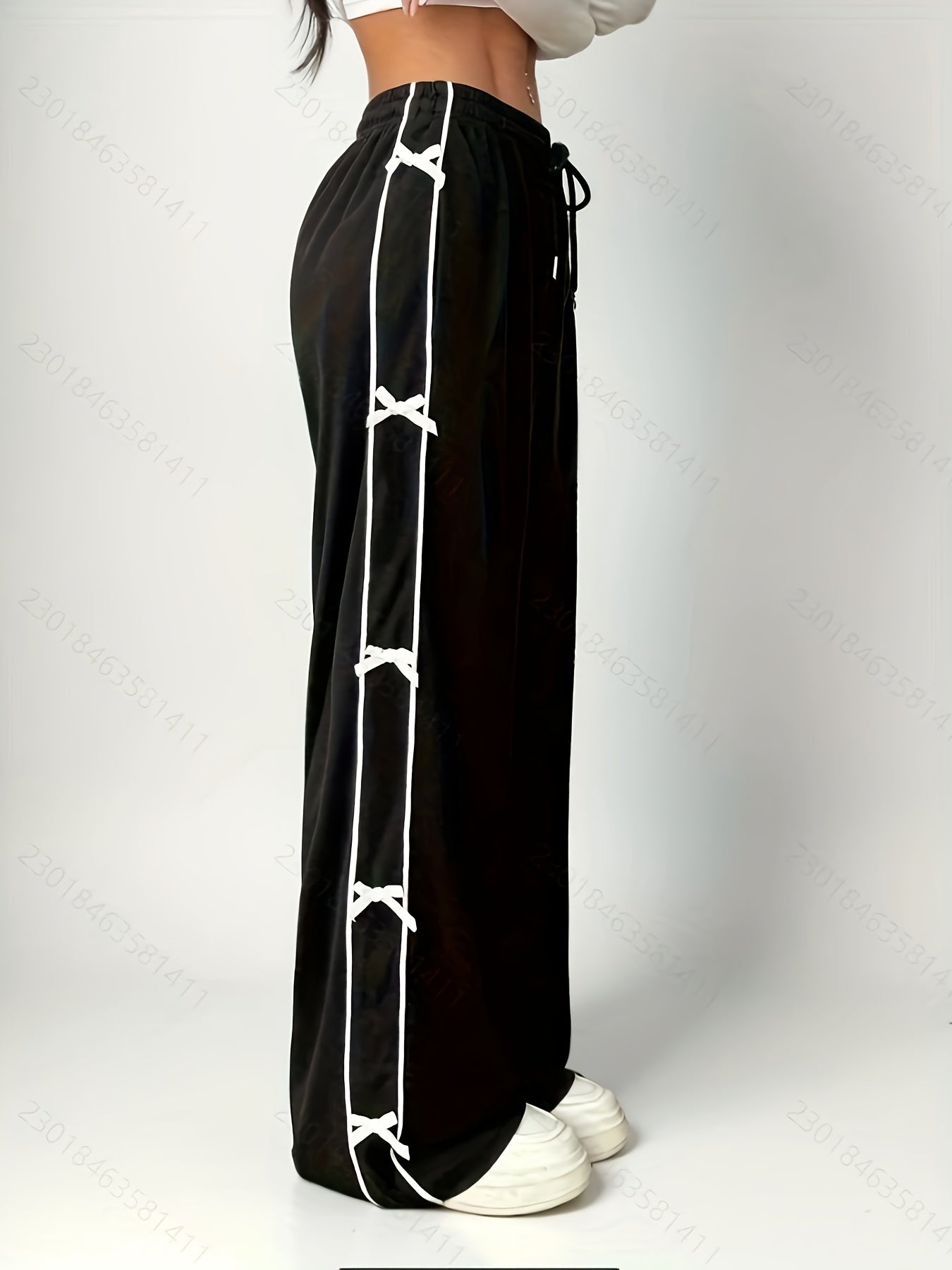 Women's Black Wide-Leg Pants with White Bow & Stripe Detail