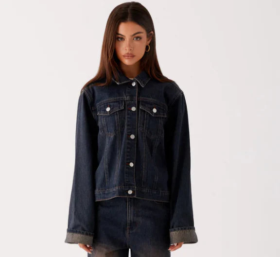 Peppermayo Exclusive - Back Again Oversized Denim Jacket - Brown Blue Acid Wash