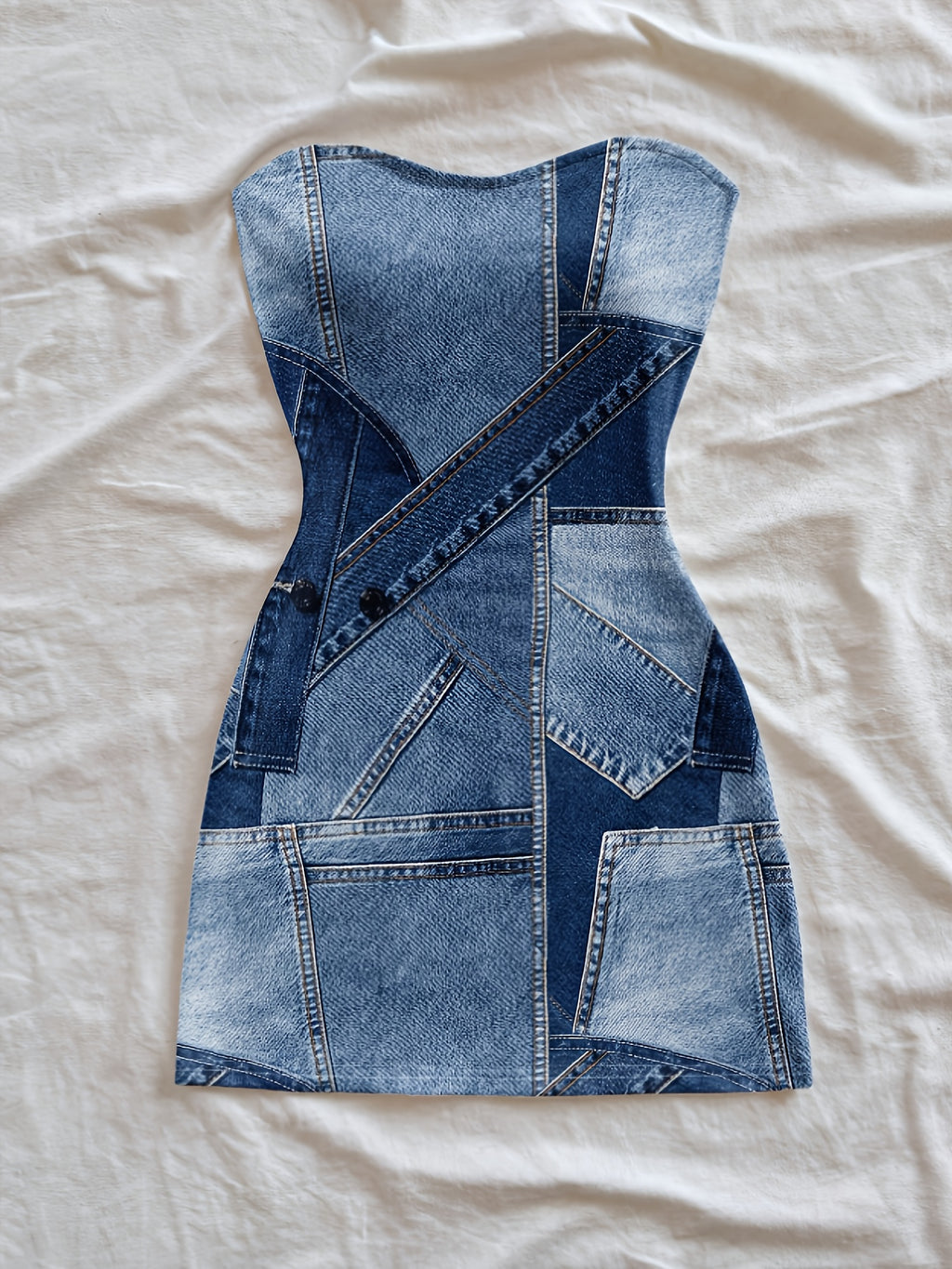 Women's Strapless Denim Patchwork Bodycon Mini Dress